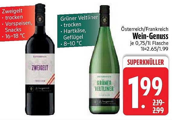 Österreich/Frankreich Wein-Genuss Zweigelt und Grüner Veltliner je 0,75l/11 Flasche