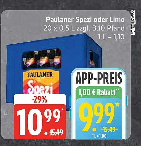 Paulaner Spezi oder Limo 20 x 0,5 L zzgl. 3,10 Pfand