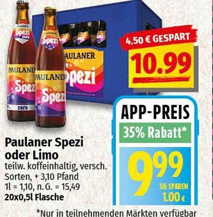 Paulaner Spezi oder Limo 20x0,5L Flasche zum Sonderpreis