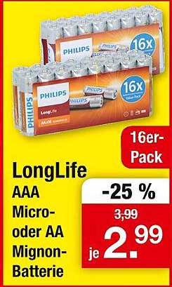 Philips LongLife AAA Micro- oder AA Mignon-Batterie 16er-Pack