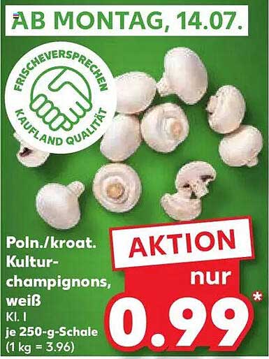 Poln./kroat. Kultur-Champignons, weiß, Kl. I je 250-g-Schale (1 kg = 3,96)