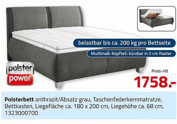 Polsterbett anthrazit mit Taschenfederkernmatratze