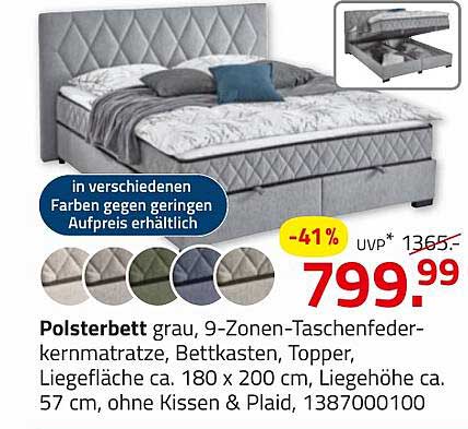 Polsterbett grau mit 9-Zonen-Taschenfederkernmatratze