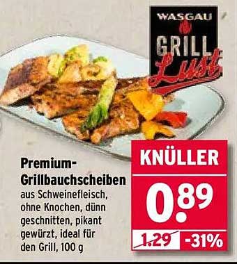 Premium-Grillbauchscheiben aus Schweinefleisch, ohne Knochen, dünn geschnitten, pikant gewürzt, ideal für den Grill, 100 g
