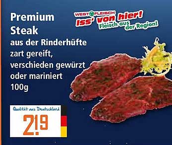 Premium Steak aus der Rinderhüfte, zart gereift, verschieden gewürzt oder mariniert, 100g