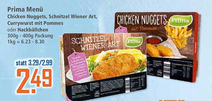 Prima Menü Chicken Nuggets, Schnitzel Wiener Art oder Currywurst mit Pommes