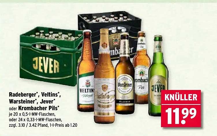 Radeberger, Veltins, Warsteiner, Jever oder Krombacher Pils - 20 x 0,5 l oder 24 x 0,33 l