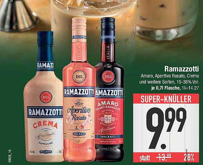 Ramazzotti Amaro, Aperitivo Rosato, Crema und weitere Sorten, 0,7 l Flasche