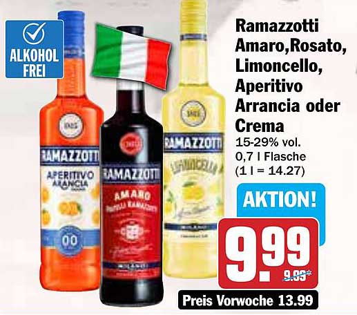 Ramazzotti Amaro, Rosato, Limoncello, Aperitivo Arrancia oder Crema