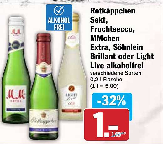 Rotkäppchen Sekt, Fruchtsecco, MMchen Extra, Söhnlein Brillant oder Light Live alkoholfrei 0,2 l Flasche