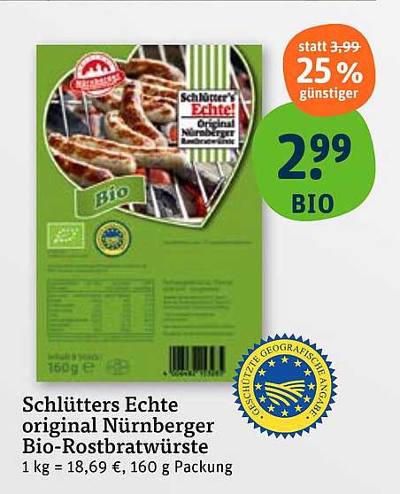Schlüter's Echte original Nürnberger Bio-Rostbratwürste, 160 g Packung