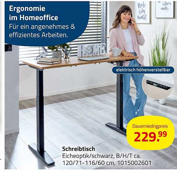 Schreibtisch Eicheoptik/Schwarz mit elektrischer Höhenverstellung