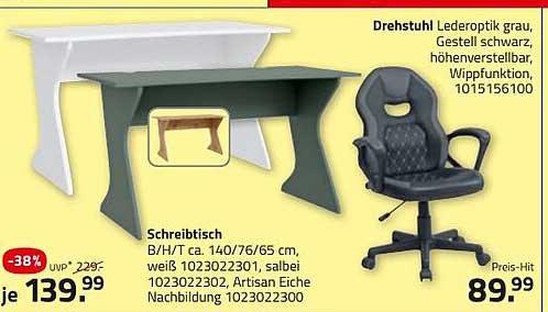 Schreibtisch in Lederoptik und Drehstuhl mit Wippfunktion