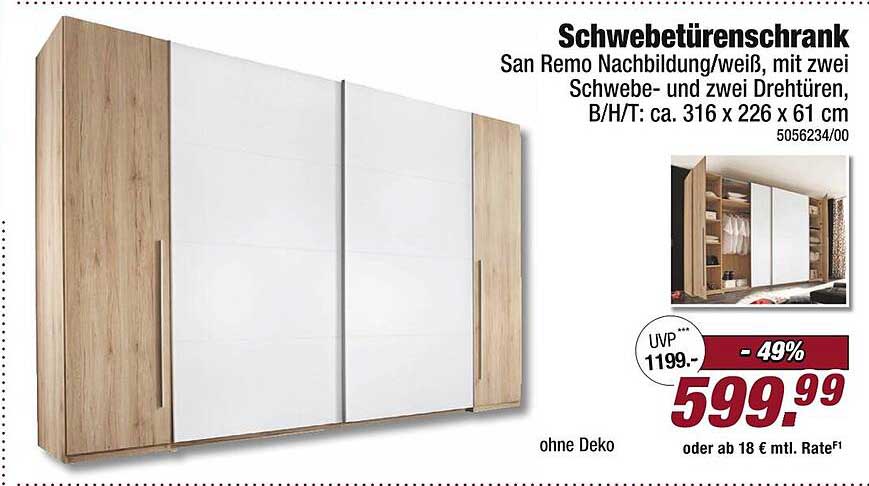 Schwebetürenschrank San Remo Nachbildung/weiß, mit zwei Schwebetüren und zwei Drehtüren