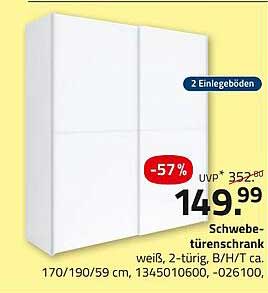 Schwebetürenschrank weiß, 2-türig, B/H/T ca. 170/190/59 cm