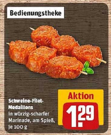 Schweine-Filet-Medaillons in würzig-scharfer Marinade, am Spieß, je 100 g
