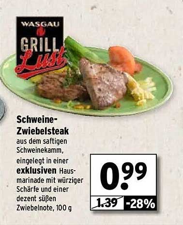 Schweine-Zwiebelsteak aus dem saftigen Schweinekamm, eingelegt in einer exklusiven Hausmarinade mit würziger Schärfe und einer dezent süßen Zwiebelnote, 100 g