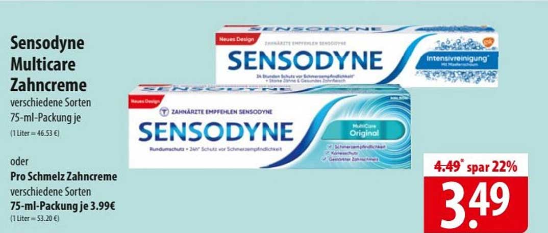 Sensodyne Multicare Zahnpasta und Pro Schmelz Zahnpasta 75-ml-Packung