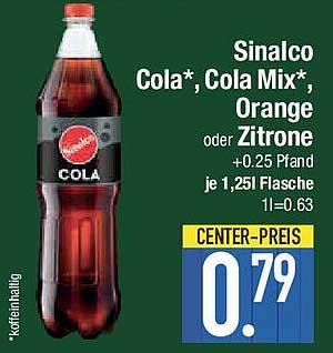Sinalco Cola, Cola Mix, Orange oder Zitrone, 1,25l Flasche