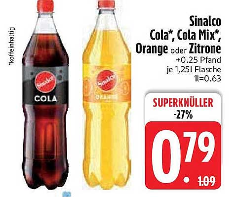 Sinalco Cola*, Cola Mix*, Orange oder Zitrone - 1,25l Flasche