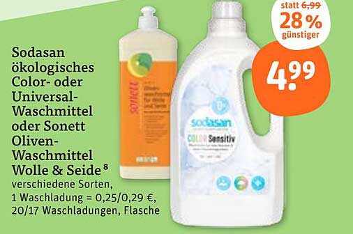 Sodasan ökologisches Color- oder Universal-Waschmittel oder Sonett Oliven-Waschmittel Wolle & Seide