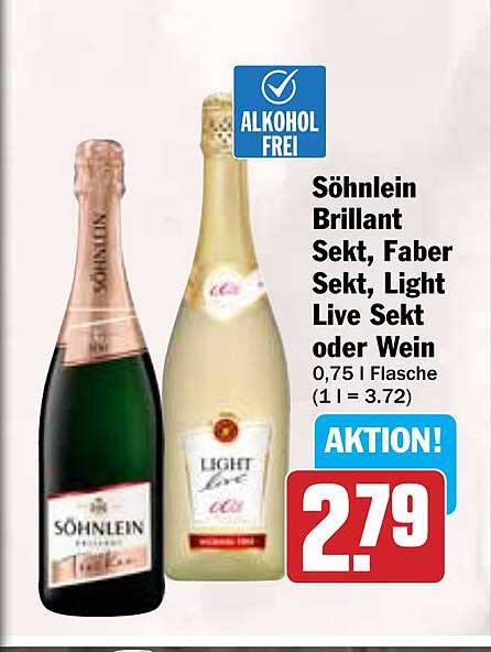 Söhnelein Brillant Sekt, Faber Sekt, Light Live Sekt oder Wein 0,75 l Flasche