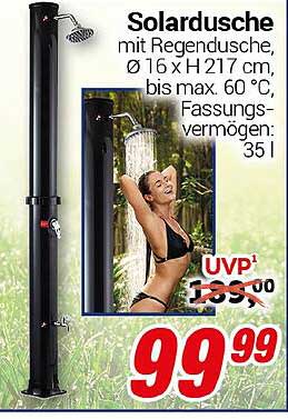 Solardusche mit Regendusche, Ø 16 x H 217 cm, bis max. 60 °C, Fassungsvermögen: 35 l