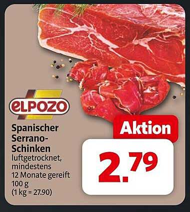 Spanischer Serrano-Schinken El Pozo, luftgetrocknet, mindestens 12 Monate gereift