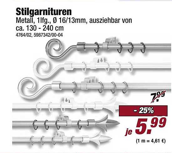 Stilgarnituren Metall, 1flg., Ø 16/13mm, ausziehbar von ca. 130 - 240 cm
