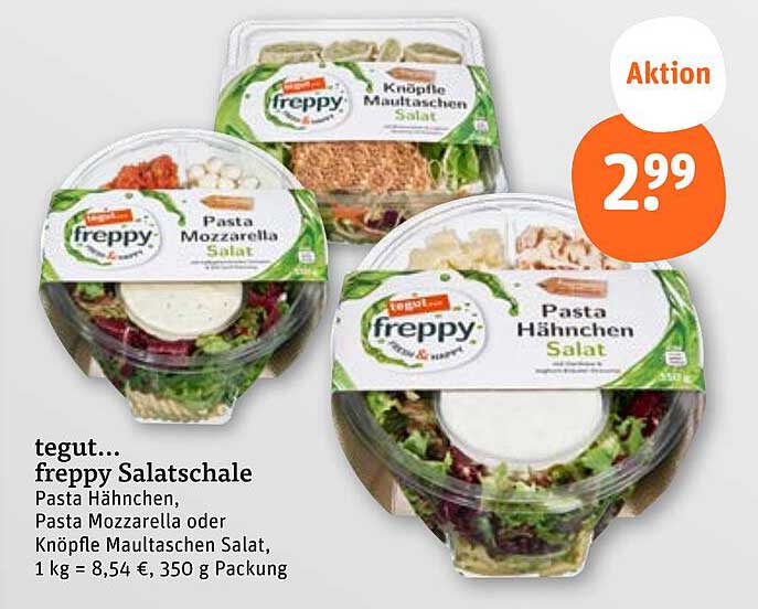 tegut... freppy Salatschale – Pasta Hähnchen, Pasta Mozzarella oder Knöpfle Maultaschen Salat