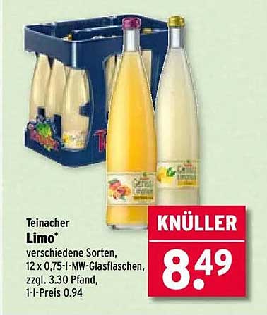 Teinacher Limo - Verschiedene Sorten, 12 x 0,75-l-MW-Glasflaschen