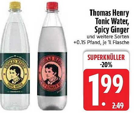 Thomas Henry Tonic Water, Spicy Ginger und weitere Sorten, je 1L Flasche