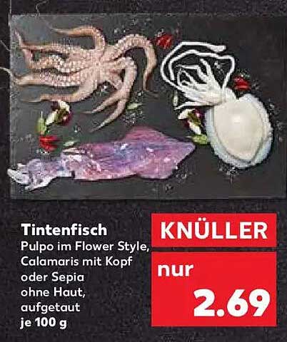 Tintenfisch - Pulpo im Flower Style, Calamari mit Kopf oder Sepia ohne Haut, aufgetaut