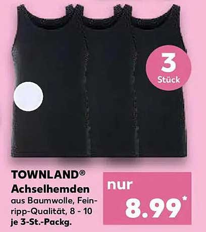 TOWNLAND® Achselhemden aus Baumwolle, Feinripp-Qualität, 8 - 10 je 3-Stück-Pack.