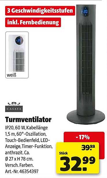 Turmventilator mit 3 Geschwindigkeitsstufen inkl. Fernbedienung