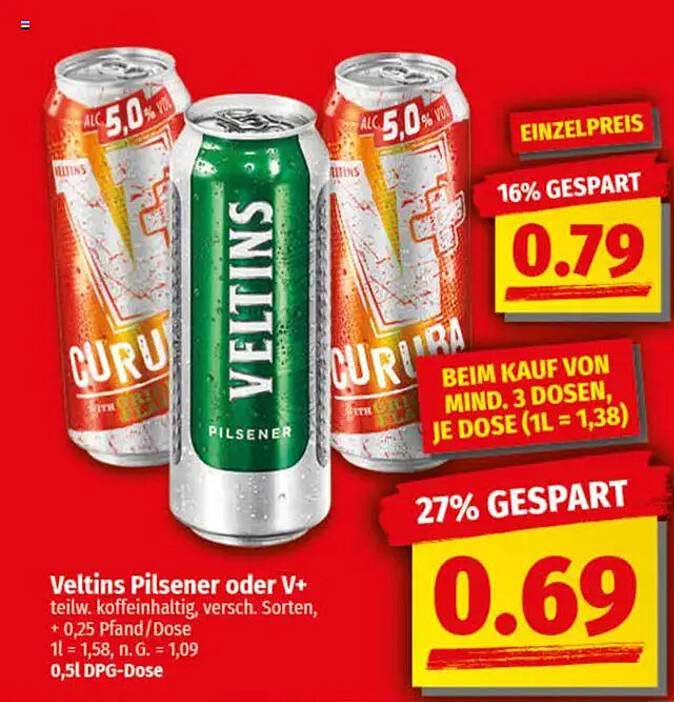 Veltins Pilsener oder V+, 0,5l DPG-Dose