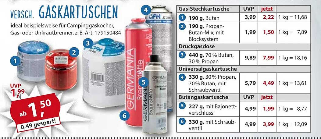 Verschiedene Gaskartuschen für Camping und Freizeit