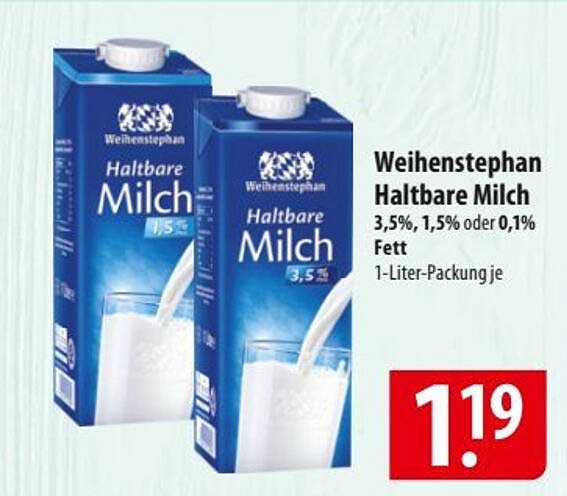 Weihenstephan Haltbare Milch 3,5%, 1,5% oder 0,1% Fett, 1-Liter-Packung