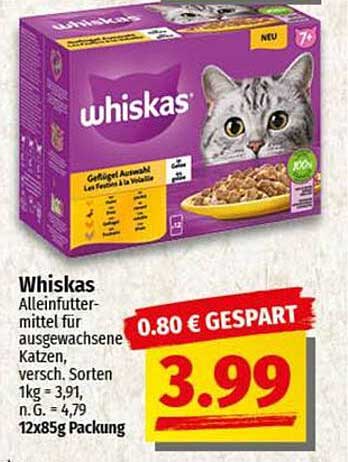 Whiskas Alleinfuttermittel für ausgewachsene Katzen 12x85g Packung