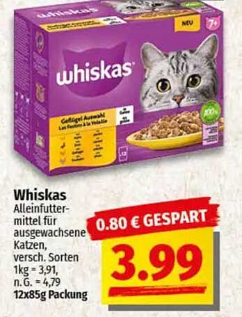 Whiskas Alleinfuttermittel für ausgewachsene Katzen, 12x85g Packung
