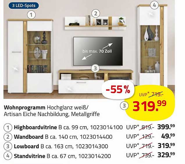 Wohnprogramm Hochglanz weiß/Artisan Eiche Nachbildung, Metallgriffe
