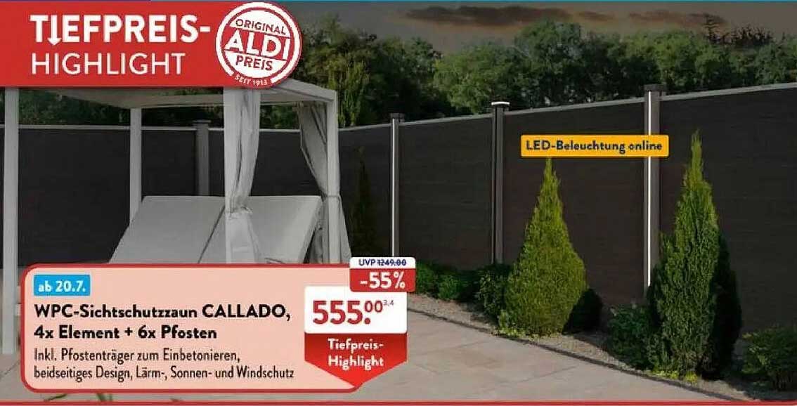 WPC-Sichtschutzzaun CALLADO, 4x Elemente + 6x Pfosten