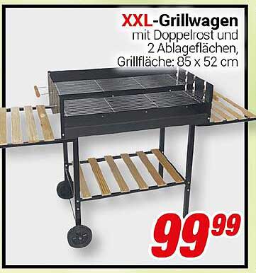 XXL-Grillwagen mit Doppelrost und 2 Ablageflächen, Grillfläche: 85 x 52 cm