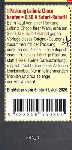 1 Packung Leibniz Choco kaufen = 0.30 € Sofort-Rabatt!