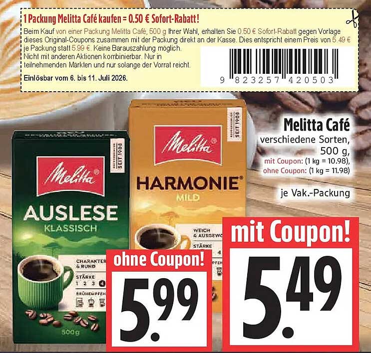 1 Packung Melitta Café kaufen = 0,50 € Sofort-Rabatt!
