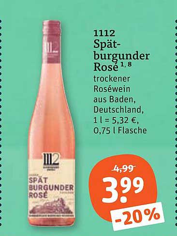 1112 Spät-burgunder Rosé 1,8 trockener Roséwein aus Baden, Deutschland, 1 l = 5,32 €, 0,75 l Flasche