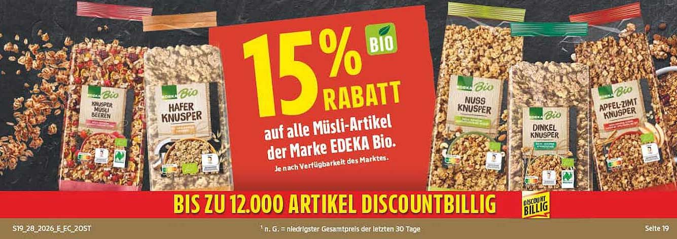 15% RABATT auf alle Müsli-Artikel der Marke EDEKA Bio.