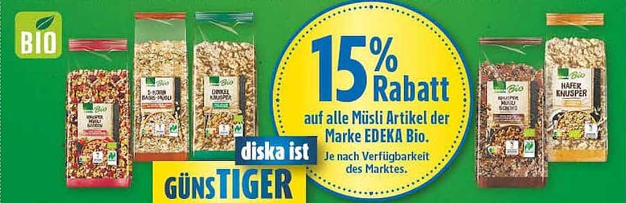 15% Rabatt auf alle Müsli Artikel der Marke EDEKA Bio.