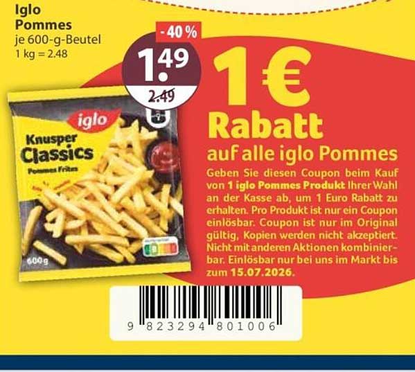 1€ Rabatt auf alle iglo Pommes