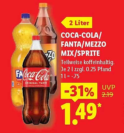 2 Liter COCA-COLA/ FANTA/MEZZO MIX/SPRITE